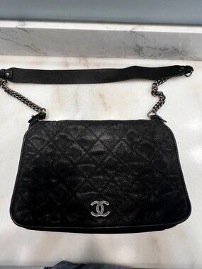 Chanel Black Highlander Nubuck Flap Messenger Crossbody Bag Purse Silver Auth